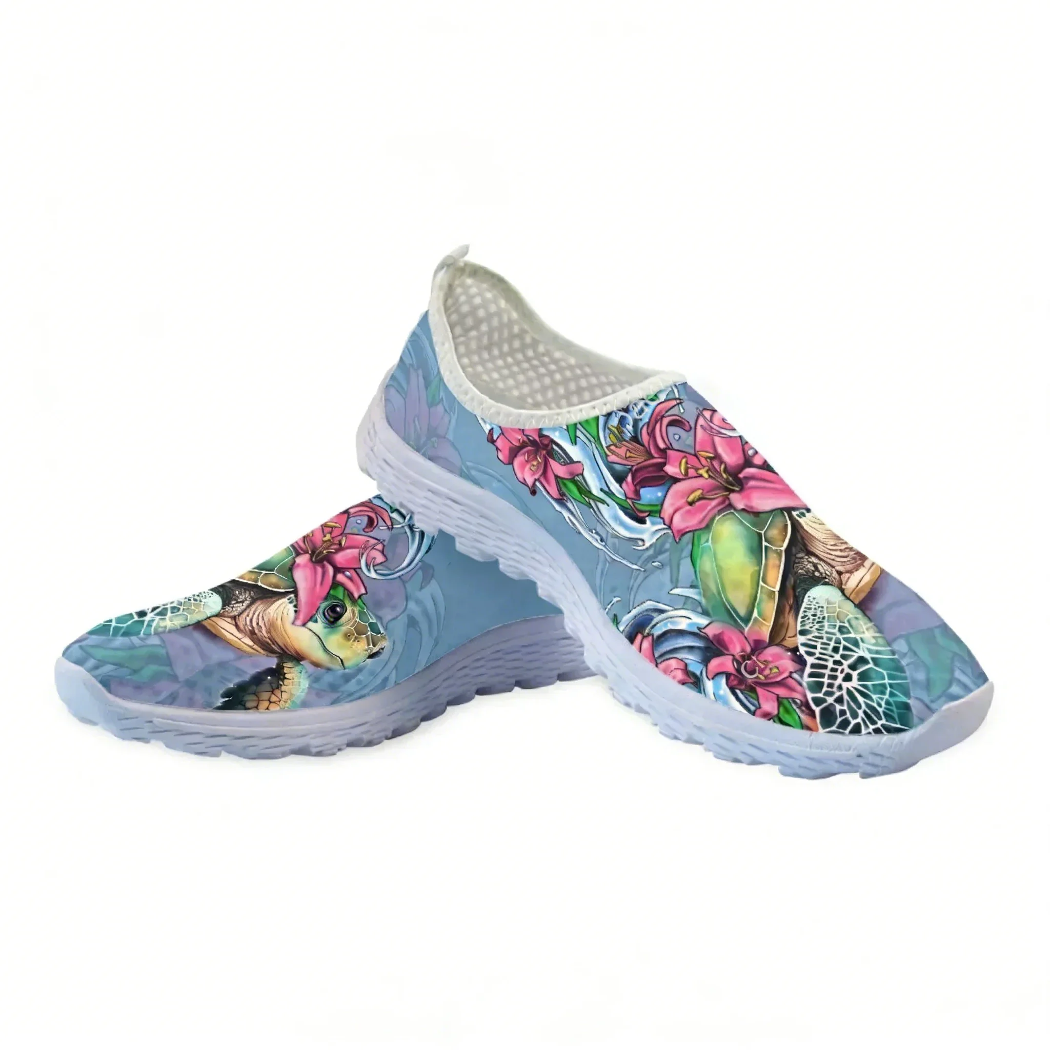 Women Shoes Tennis - Polynesian Turtle Hibiscus Print Mesh High