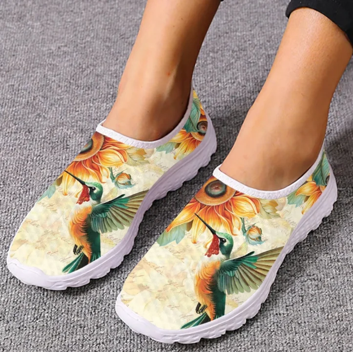 Women Shoes Tennis - Hummingbird Sunflower Print Loafers Bird Mesh